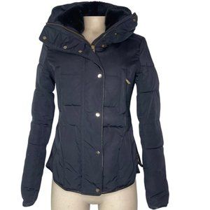 ZARA Women's Navy/Black Anorak Coat Puffer Jacket Full Gold Zip Faux Fur Size XS